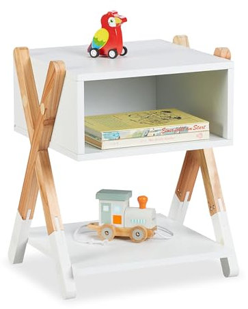 Relaxdays Nachttisch Kinder, offenes Fach, HBT 42x34x30 cm, Kinderzimmer, Kinderkommode X-Design, Holz & MDF, weiß/Natur