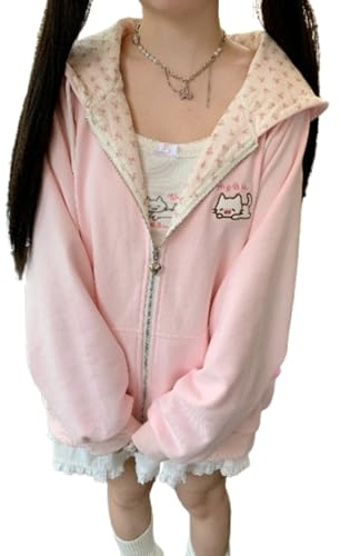Pokn Sweat à capuche zippé style années 2000 Jojifuku, hoodie kawaii, vêtements pour femmes, hauts à manches longues, imprimés cutecore et shojo