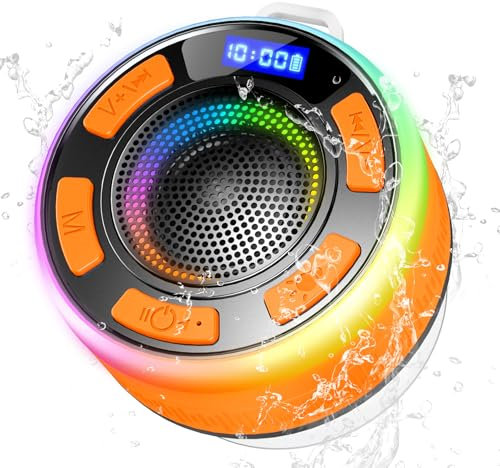 Altavoz Bluetooth 5.3, Altavoz Ducha con Luz Colorida, Bass Sonido Estéreo, Pantalla LED, Altavoces Impermeable IP7 con Ventosa y Microfono, Speaker Bluetooth para Baño, Exterior, Hogar, Naranja