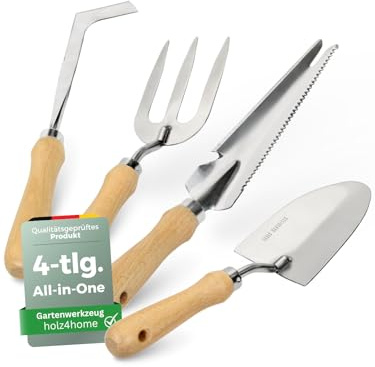 holz4home® Gartenwerkzeug Set 4-TLG. I Edelstahl & Eschenholz I Handschaufel, Unkrautstecher, Fugenkratzer, Gartengabel I Ergonomische Handwerkzeuge für Garten & Balkon