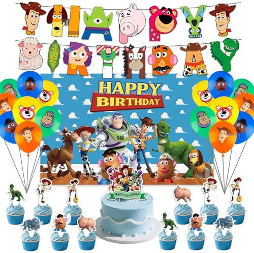 Toy Inspired Birthday Party Decorations, 43PCS Kids Cartoon Balloons Kit Include Happy Birthday Backdrop Banner Balloons Cake Toppers for Boys Girls Story Theme Party Supplies Decoration