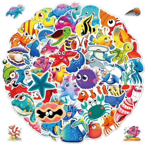 60PCS Ocean Animal Shark Stickers, Waterproof PVC Reusable Under The Sea Stickers for Windows, Refrigerators, School Projects, Party Favors