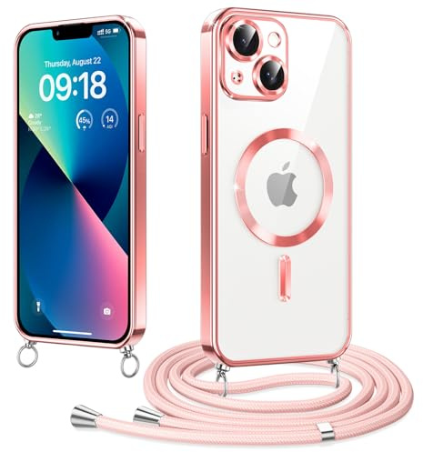 Micnkifo Magnetische Handyband mit Band für iPhone 13 Hülle, [Kompatibel mit Magsafe] Handyhülle Case mit justierbarer Schnur Abnehmbar Strap, Crossbody Schutzhülle zum Umhängen, Rosa