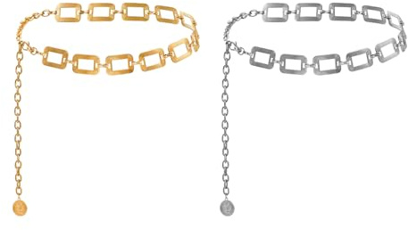 Iirlvior 2 Stück Gürtel Damen Mode, Verstellbare Kettengürtel, Taillengürtel Metall Quadrat Taillenkette, Gold Kette Gürtel für Jeans Hosen Kleider, Einfachheit Schmuck Accessoires Geschenk für Frauen