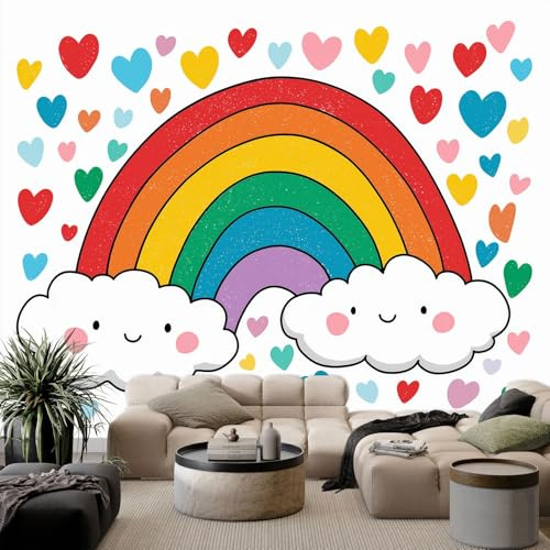 WHUOEUCO 3D Effekt Fototapete Cartoon-Herz Regenbogen 200x140 cm Vliestapete Foto Tapete Wandbild Motivtapete, Moderne Schlafzimmer Wohnzimmer Kinderzimmer Wandtapete