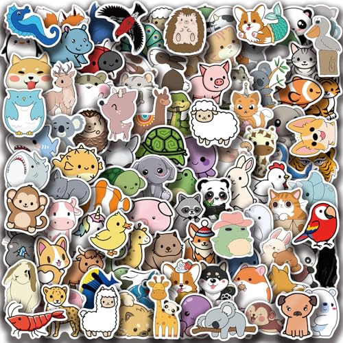 100 Stück Tier Sticker für Kinder, Niedliche Wasserdichte Vinyl Aufkleber für Trinkflaschen & Laptops, Lustige Kinderzimmer Belohnungen für Grundschüler
