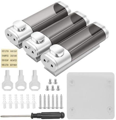 Hoypeyfiy 3er Set Wandmontierter Seifenspender, Shampoo und Duschgel Spender ohne Bohren, Auslaufsicher mit 300ml Kapazität für Badezimmer, Küche, Schulen und Hotels (Silber)