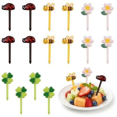 NiceNaiils 16 Pezzi Forchette Bambini per Frutta e Snack, Stuzzicadenti Decorativi Design Ape e Fiori, Accessori Bento per Scuola e Picnic, Forchette Plastica Riutilizzabili