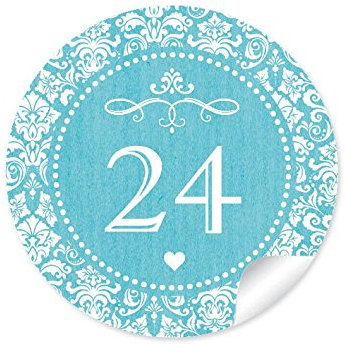 24 DIY Adventskalenderzahlen TÜRKIS ORNAMENTE für einen DIY Adventskalender Papiertüten zum selber basteln 1 – 24 • Format 4 cm, rund, matt