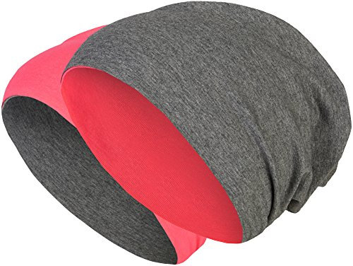 2 in 1 Wendemütze - Reversible Slouch Long Beanie Jersey Baumwolle elastisch Unisex Herren Damen Mütze Heather in 24 (8) (Dark Grey/Pink)