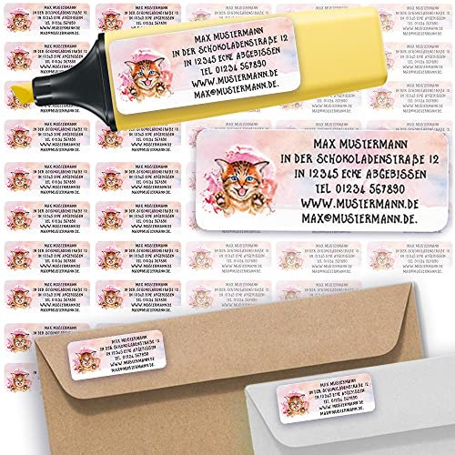 Adress-Etiketten - Adress-Aufkleber Sticker Namensaufkleber mit Ihrem Wunschtext 57x 23mm, für 1 bis 5 Zeilen Text - 45 Stück 45 Hintergründe zur Auswahl (37 Katze Cat)