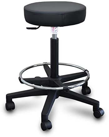 GALIZIA Sgabello da lavoro con poggiapiedi Sgabello girevole per salone estetico Sgabello per ambulatorio medico dentista, con rotelle o piedini, rotazione libera di 360°, 7 cm di imbottitura, (nero)