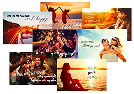 7 Premium Klappkarten 12x18cm inkl. 7 weiße Umschläge - lustige Sprüche Weisheiten Motivation Grußkarten mit Spruch Leben Liebe Freundschaft Grußkarte mit Sprüchen zum Verschenken