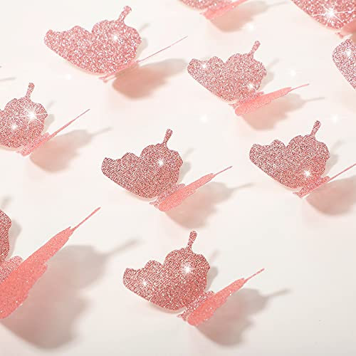 36 Stücke DIY Glitzer Schmetterling Kombination 3D Schmetterling Wandaufkleber Abziehbilder Haus Dekoration (Glitzer Rosa)