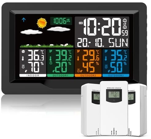 Qxmcov Stazione Meteo Meterologica Digitale con 3 Sensore Esterno Wireless, Stazione Meteorologica con Schermo Colori Sveglia Tempo Data Temperatura umidità Previsioni di Tempo