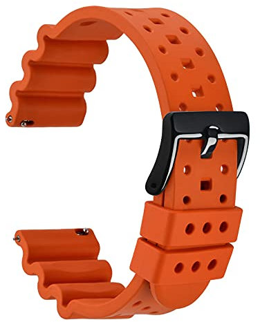 WOCCI 22mm Ventilé Bracelet de Montre pour Hommes, FKM Caoutchouc (Non Silicone), Boucle Noire (Orange)
