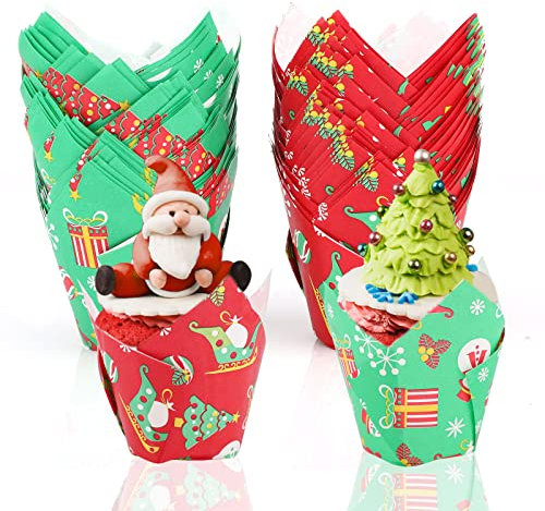 100 Pcs Christmas Cupcake Wrappers Tulip Cupcake Liners Xmas Cupcake Decoration Wrapper Cases Christmas Tree and Snowman Tulip Muffin Case for Xmas Party Dessert Decoration
