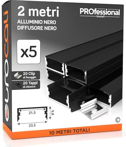 5x Profili da 2 metri (10mt) in Alluminio Nero per Strisce LED Copertura Opaca larghezza max striscia led 21.5mm - 23.5 x 10