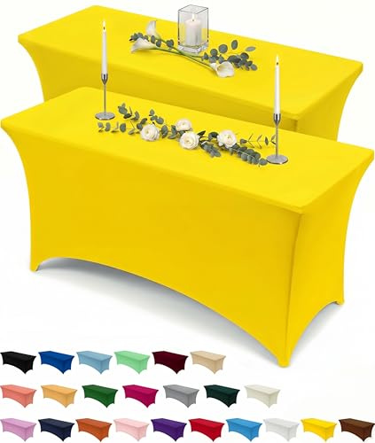 Utopia Kitchen Spandex Tablecloth 2 Pack [6FT, Yellow] Tight, Fitted, Washable and Wrinkle Resistant Stretch Rectangular Patio Table Cover for Event, Wedding, Banquet & Parties [72Lx30Wx30H Inch]