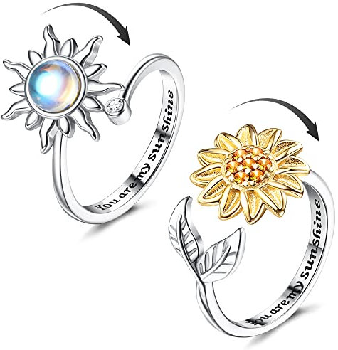Adramata 2 Stück Silber Anxiety Ringe für Damen Sonnenblume Fidget Ring Achtsamkeitsring Angst Ring Mondstein Spinner Ringe Verstellbare Offene Anti Stress Ring für Damen