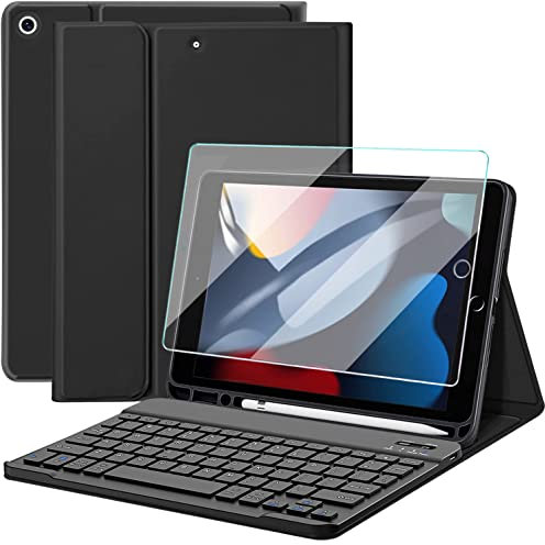 Nanhent Keyboard Case with Screen Protector for iPad 10.2 9th Generation / 8th Gen / 7th Gen, Built-in Pencil Holder Magnetic Detachable Wireless Keyboard Cover with Tempered Glass (Black)