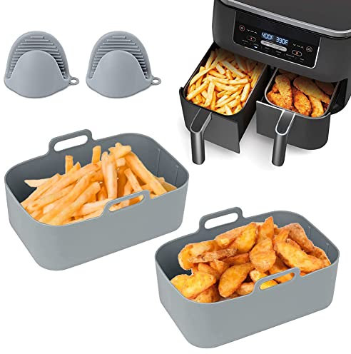 Lot de 2 casseroles en silicone pour friteuse Ninja Foodi DZ201 DZ401, doublure en silicone réutilisable avec gants résistants à la chaleur, accessoires de friteuse à air comprimé pour Ninja (Gris)