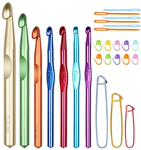 Aeelike 26 Stück Häkelnadeln Set, Bunt Häkelnadel Set Große Größen Metall mit Size, 6,5 mm - 15 mm Häkelnadeln mit Ergonomischer Griff und Glatte Nadeln, Ideal zum Häkeln von Decken und Schals