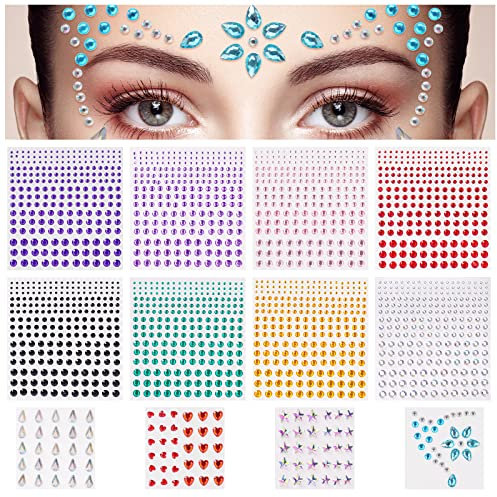 URAQT Gemme Adesivi, 12 Fogli per Viso Occhi Corpo, Glitter con Strass Make Up, Brillantini di Forme Diverse per Carnevale, Feste, Trucco