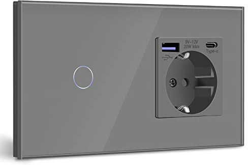 BSEED Interruptor con Enchufe USB C 20W,Gris Schuko Enchufe con Cargador Rápido USB Tipo C,1 Gang 2 Vías Interruptor de Luz con Indicador LED,Enchufe Integrado Adecuado