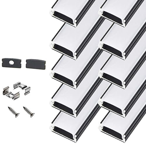 StarlandLed Schwarze Aluminiumkanäle 10 Stück 10x1M für LED-Lichtleisten, Schiene Profil Aluminum, U-Schiene mit Abdeckungsdiffusor und komplettem Montagezubehör, 1 Meter Segmente …