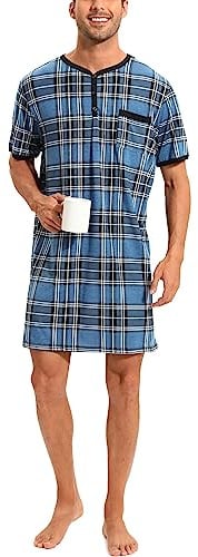Rutiga pyjamasöverdelar för män, mjuka nattkläder, andningsbara nattlinne, knälängd, nattkläder, vardagskläder, Kortärmad-1-blå rutig (94 % polyester, 6 % spandex), M