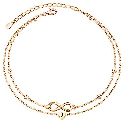 Zelnff Fußkettchen Rose Gold mit Buchstaben wasserfest I Fußkette für Damen (J)