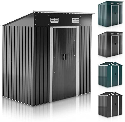 Jago® Gartenhaus - 194×182×121.5 cm, mit Fundament, Schiebetür, Lüftungsgitter, Pultdach, für Geräte, UV-beständig, aus verzinktem Stahl, Grün/Anthrazit - Geräteschuppen/Haus (Anthrazit - Modell 1)