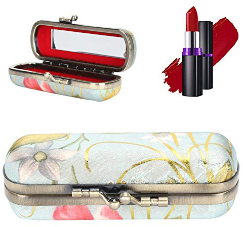 Tragbarer Lippenstift Etui, Retro Druck Lippenstift Aufbewahrungskoffer mit Spiegel, Klein Lipgloss Make-up Reversbeutel für Frauen Damen Mädchen