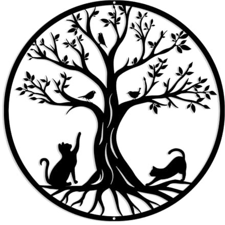 Pduoduo Arbre de vie en métal -Décoration Murale en Métal avec des Chats,Noir Tenture Décor Silhouette Mur Art pour Cadeau Intérieur Cadeau Extérieur Jardin Maison Décoration(19.68in)