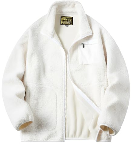 Jamron Unisex Uomo Donna Giacca in Pile Teddy con Zip Intera Autunno Inverno Calda Giacca Felpa in Peluche con Tasche a Zip Bianco XXL