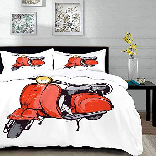 Bettwäsche 3 Teilig Bettgarnitur,Speed Scooter Vintage Handgrafik Alte Vespa Reisen Italien Motorrad Skizze Design Engi,Gemütlich Mikrofaser Bettbezug Set 1 Bettbezug Set 200 x 200 cm
