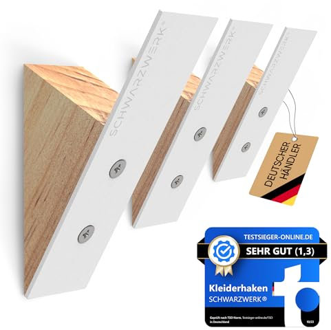 SCHWARZWERK Wandhaken | Kleiderhaken Garderobe [3er SET] mit Montagematerial - Handtuchhaken, Huthaken, Garderobenhaken, Jackenhalter (Weiß-Kiefer)