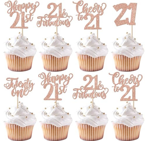 30 Stück Happy 21st Geburtstag Tortendeko Glitzer Cheers to 21 Kuchen Deko 21 Fabulous Cupcake Toppers für Twenty-one Geburtstag Jahrestag Party Kuchen Dekoration Rosegold