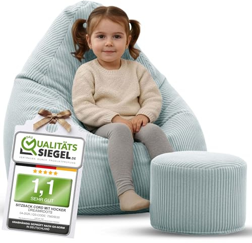 DreamRoots Sitzsack Kinder Cord 70x70x105 mit Hocker, Green Lily | Bean Bag Chair mit Hocker, Lehne & Bezug, mit Füllung, Sitzkissen Boden, Kindersitzsack Kinderzimmer