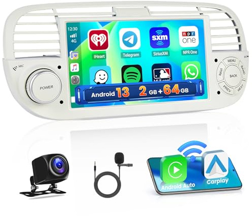 2+64G 2 DIN Android Autoradio per Fiat 500 2007-2015 Carplay Wireless | Android Auto 7 Pollici Touchscreen 2 DIN Stereo con Bluetooth FM RDS Navigatore GPS WiFi SWC USB Canbus AHD Retrocamera