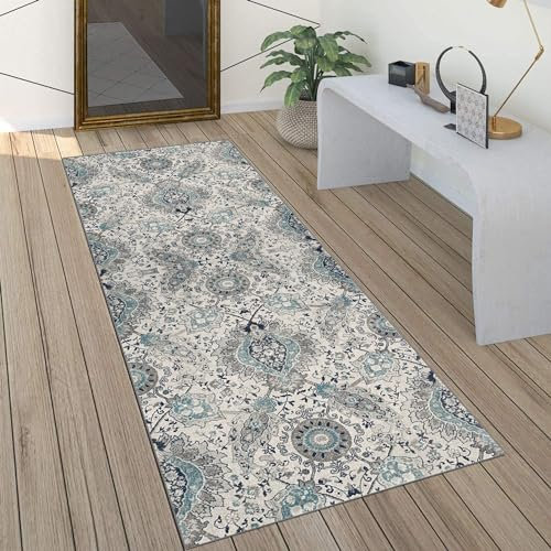 QQrunner Grau Läufer Flur Teppich rutschfest 60x450cm Küchenteppich Vintage Waschbar Meterware Schlafzimmer Korridor Teppich Lang, Länge Anpassbare, 60/70/ 80/90/ 100/110/ 120cm Breit