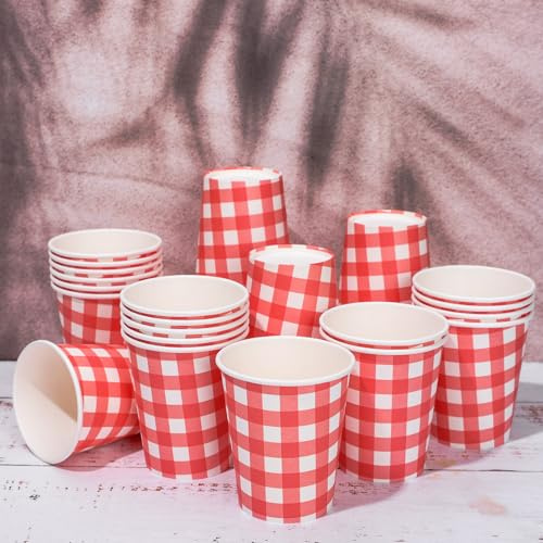 Whaline Lot de 50 gobelets jetables en carton à carreaux rouges et blancs - Gobelets décoratifs pour café chaud et froid - Fournitures de table d'anniversaire - 255 ml