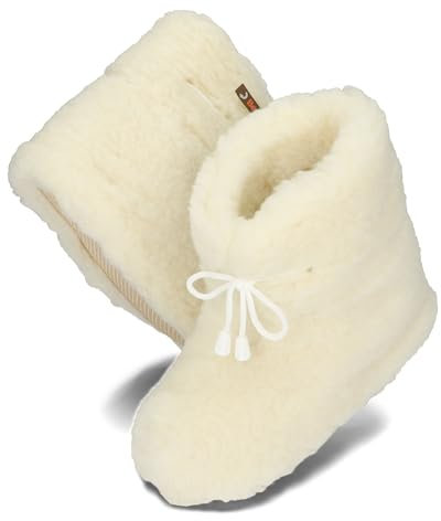 BeComfy Warme Hausschuhe Damen Herren Hüttenschuhe aus Schafwolle Wollhausschuhe Unisex Hausstiefel mit Schnürsenkeln 36-46 (Weiß, EU Schuhgrößensystem, Erwachsene, Numerisch, M, 38)