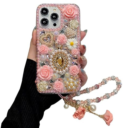 iFiLOVE for iPhone 16 Pro Max Bling Diamond Case with Flower Strap, 3D Luxury Sparkle Glitter Crystal Rhinestone Pearl Love Rose Wristband Bracelet Case Cover for Girls Women Kids (Pink)