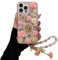iFiLOVE for iPhone 16 Pro Max Bling Diamond Case with Flower Strap, 3D Luxury Sparkle Glitter Crystal Rhinestone Pearl Love Rose Wristband Bracelet Case Cover for Girls Women Kids (Pink)