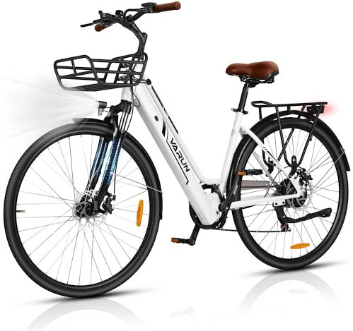 VARUN E-Bike Damen 28 Zoll mit 250W Motor, LCD Display, 6 Gang Pendler Elektrofahrrad, 36V Lithium-Batterie,E-Cityräder mit Korb vorne für den Einkaufsbummel, mit EU-Konformes