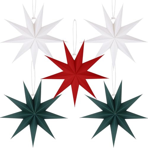 BestoFun 5 Stück Papiersterne Dunkelgrün 30cm Rot 9 Zacken Faltsterne Aufhängen Weiß Weihnachten Dekoration für Tischdeko Zimmer Hochzeit