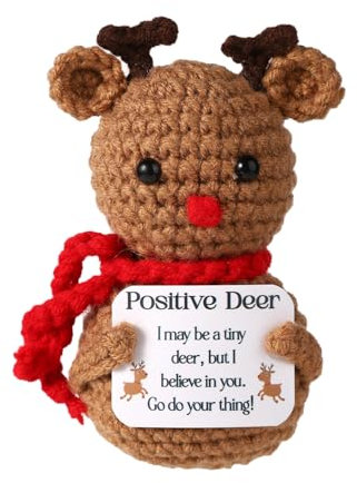 TOYMIS Positiver Hirsch, Hirsch Gehäkelt Positive Häkeltiere mit Positiven Botschaften Häkelpuppe Emotionale Unterstützung für Weihnachtsfeier-Dekoration Ermutigungsgeschenk