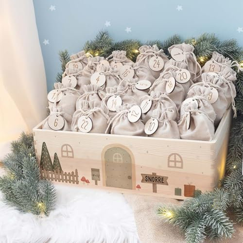 Personalisierte Adventskiste - Adventskalender aus Holz mit Namen - Gravur Kalender DIY - Weihnachtskalender für Kinder - hello mini (Wichtel Druck)